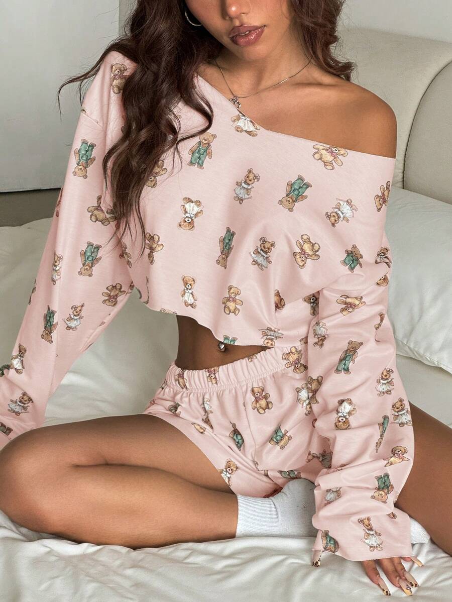 SHEIN EZwear 女士休闲可爱熊图案露肩短款运动衫和宽松短裤家居服套装 - 粉色 - 查看 1