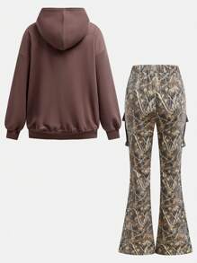 SHEIN Bộ 2 món áo hoodie rộng rãi thoải mái cho bé gái tuổi mới lớn và quần túi hộp - Nhiều màu - Xem 2