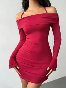 SHEIN Essnce 女士纯色露背系带长袖修身红色迷你连衣裙 - 酒紅色 - 查看 1
