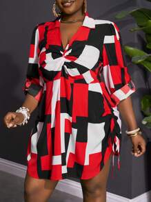 Slaydiva Plus Size Women Geometric Print Twist Front Ruffle Sleeve Midi Dress - Multicolor - View 8