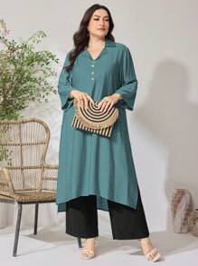 Mulvari 2 件大码女式套装，纯色翻领 3/4 袖上衣和阔腿裤