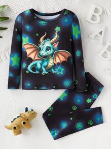 2pcs Young Boy Pajamas Snug Fit, Long Sleeve Top And Long Pants. Glow-In-The-Dark Unicorn Print, Soft And Comfortable Fabric, Simple Design Style For Easy Matching, Playful Design Makes Boys Stylish And Energetic At Home. Suitable For All Seasons (1 Set Sold Separately) - Black - View 8