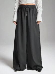 LYSMO Women's Loose Fit Plaid Print Drawstring Waist Wide Leg Pants - Black - View 4