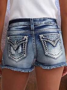 Women's Fashionable Ripped Skinny Denim Shorts - Blue - View 1