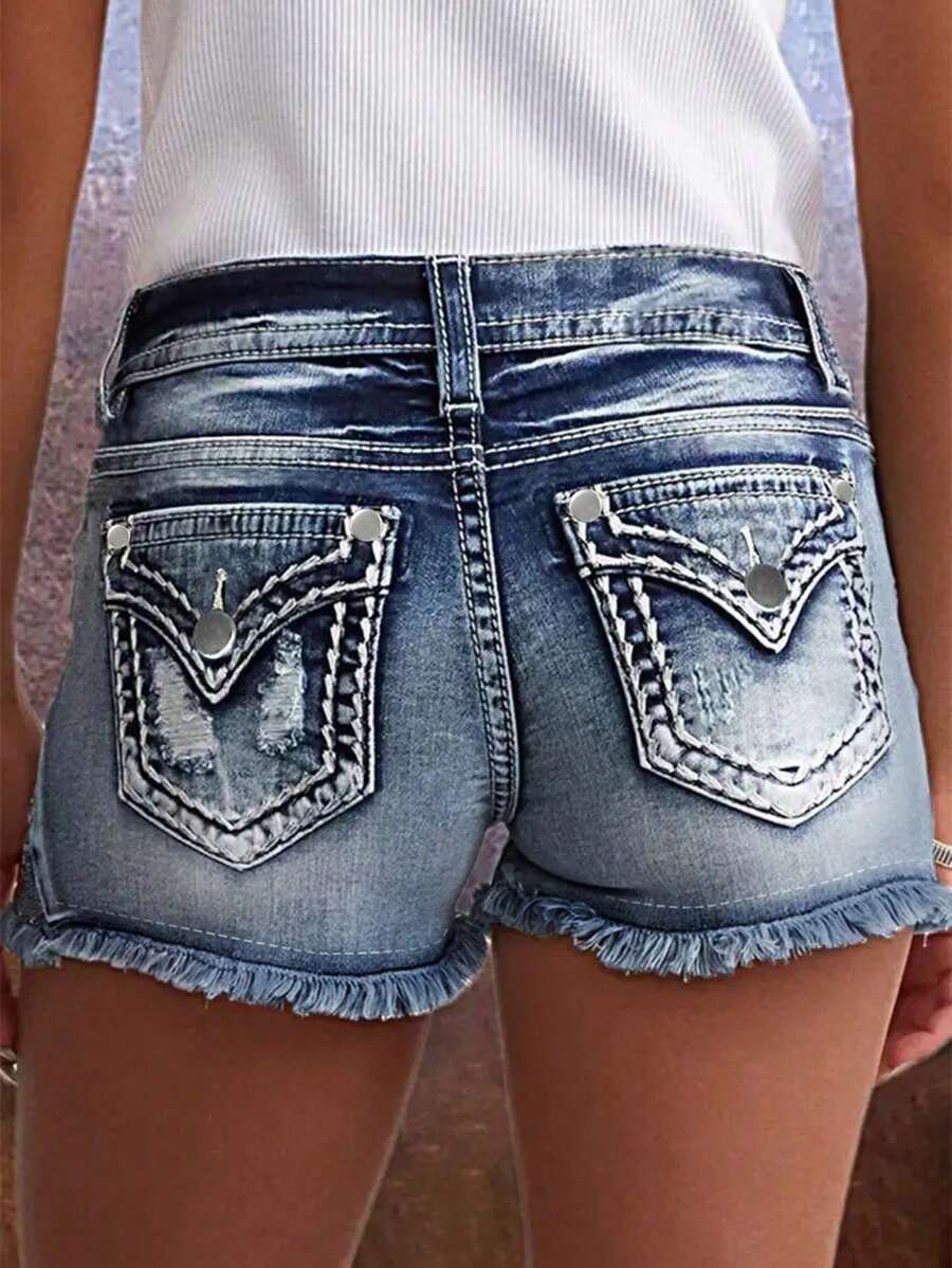 Women's Fashionable Ripped Skinny Denim Shorts - Blue - View 1