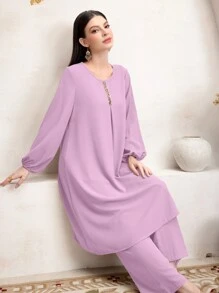 SHEIN Najma 2pcs Women Solid Color Lantern Sleeve Long Top And Pants Set - Dusty Pink - View 4