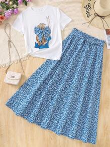 SHEIN Set de 2 piezas para adolescentes: Camiseta gráfica blanca de punto con acento de estampado floral diminuto y lazo, y falda larga con estampado floral diminuto, apropiada para vacaciones, ocio, fiestas, almuerzos, festivales de música.