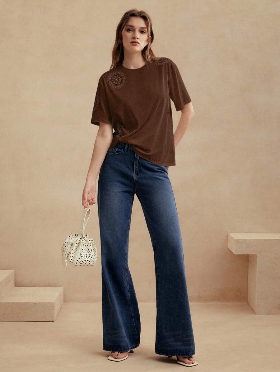 Anewsta Women Spring/Summer Crochet Embroidery Hollow-Out City Style Knit Top - Chocolate Brown - View 1