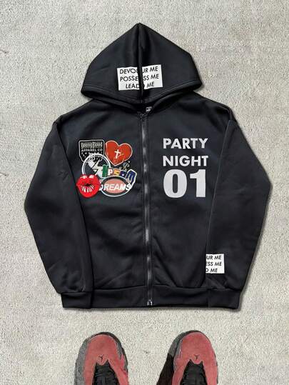 PAVTROS 图案男装，男士休闲心形和字母印花拉链连帽卫衣，秋冬，图案卫衣，秋冬男士服装