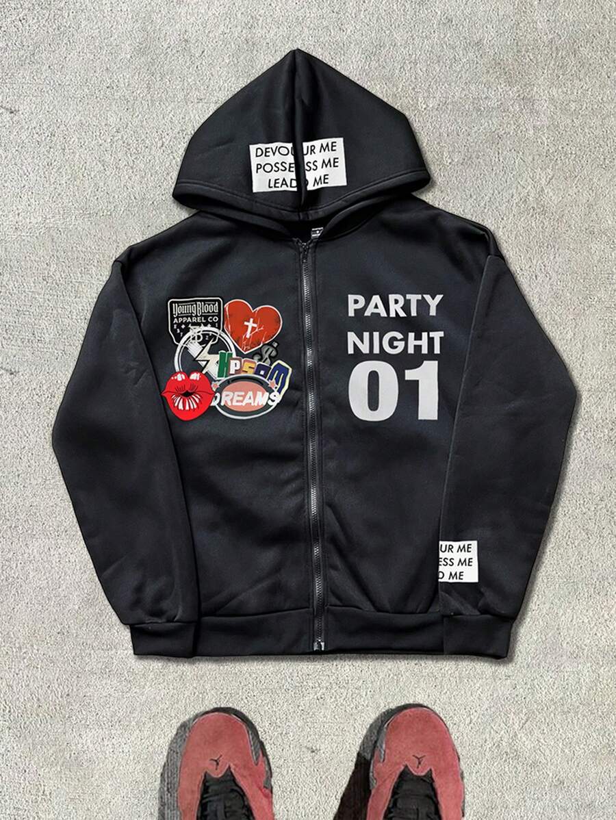 PAVTROS 图案男装,男士休闲心形和字母印花拉链连帽卫衣,秋冬,图案卫衣,秋冬男士服装 - 黑色 - 查看 1