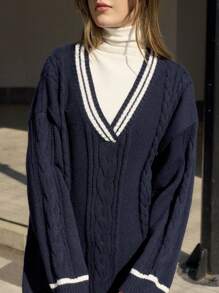 INAWLY V领麻花针织套头毛衣，休闲秋冬针织套头衫