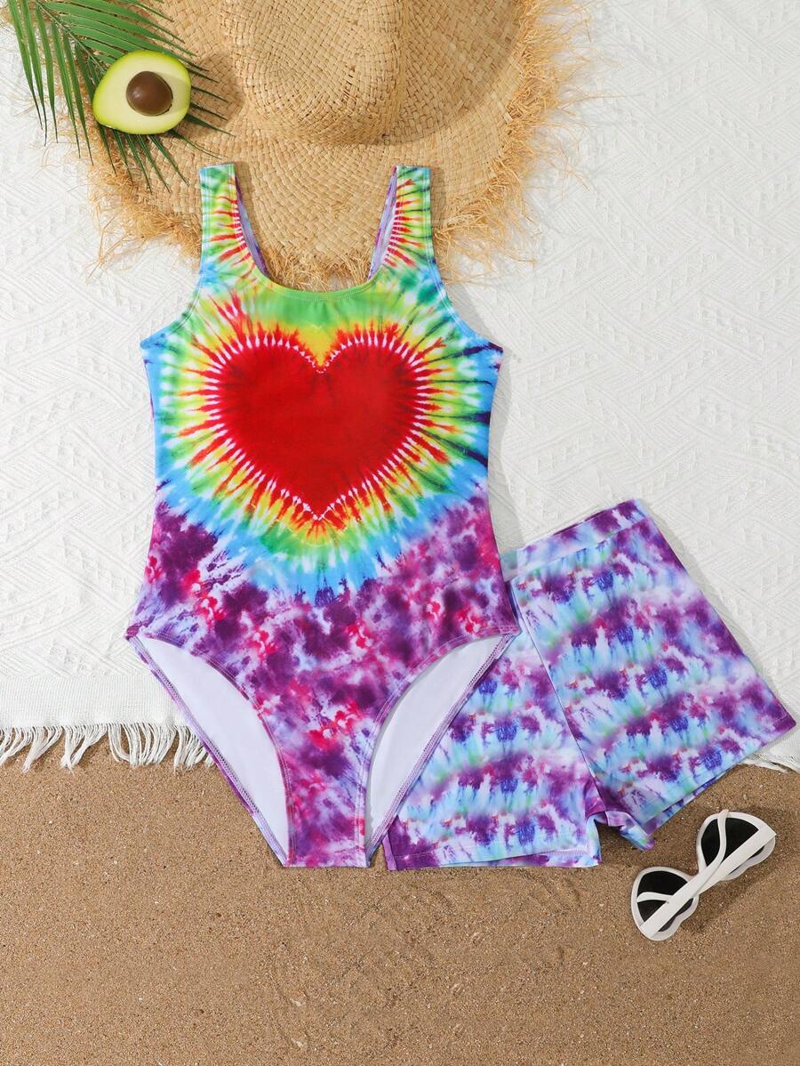 2pcs/Set Teen Girls One-Piece Printed Swimsuit - Multicolor - View 1