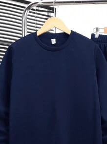 SHEIN Set da 2 pezzi di felpa girocollo e pantaloni della tuta casual e comodi, adatti per scuola, sport, uscite in autunno/inverno, con imbottitura termica, spessi, adatti per ragazzi adolescenti - Blu Navy - Visualizzare 3