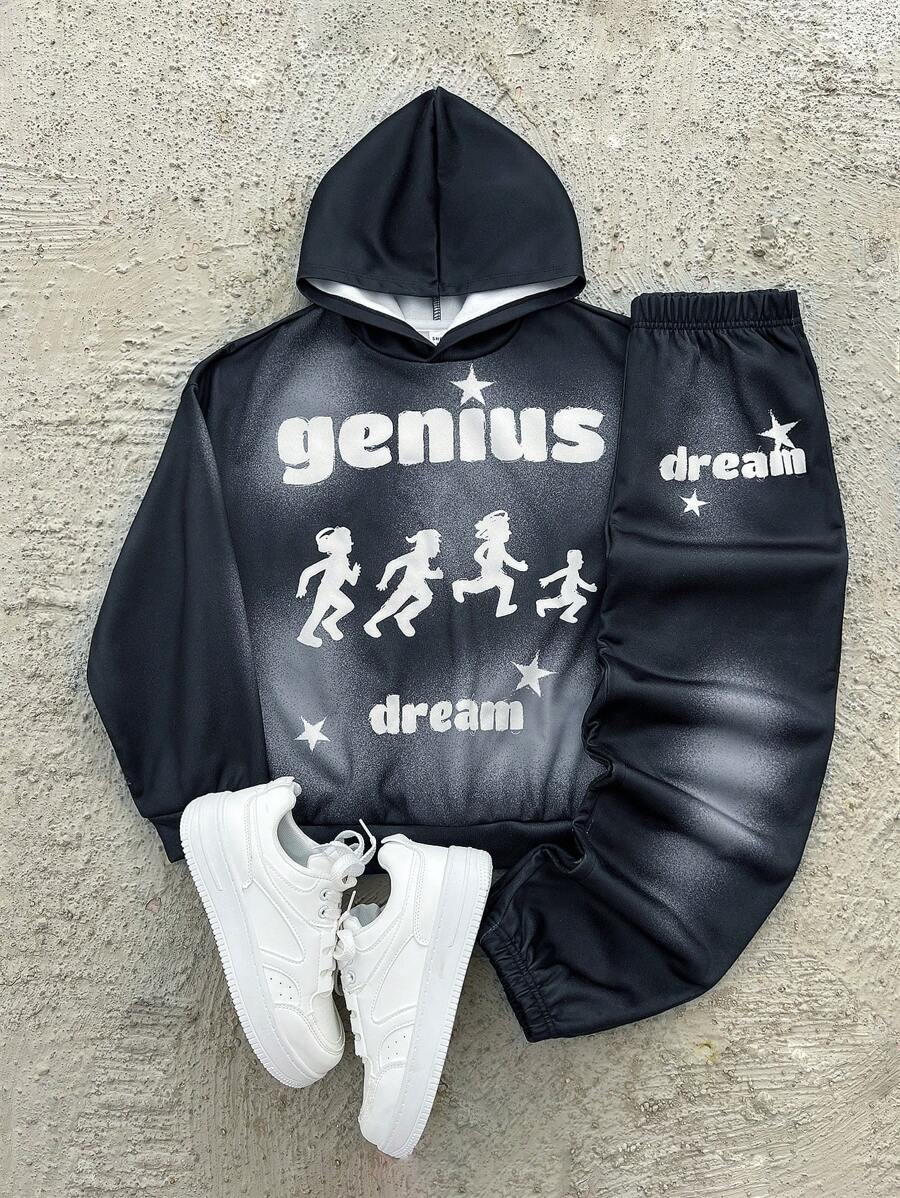 SHEIN 2pcs/Set Tween Boys Oversized Casual Hoodie Sweatshirt And Draw-String Sweatpants Set - Multicolor - View 1