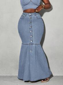 Slaydiva Váy denim dài vừa phải phong cách ngư dân đơn giản có túi nút cho nữ - Rửa nhẹ - Xem 4