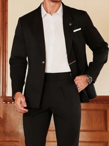 Manfinity Bizformal Conjunto de traje casual de negocios de hombre versátil para ir y venir con hebilla detallada en la parte delantera. Conjunto de traje negro elegante y de alta relación calidad-precio. Conjunto de dos piezas para hombre, ropa de otoño e invierno para hombres