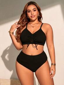 SHEIN Swim Curve Plus Size Solid Color Drawstring Round Neck Casual Women Swimwear Set For Summer Beach Vacation - Black - View 6