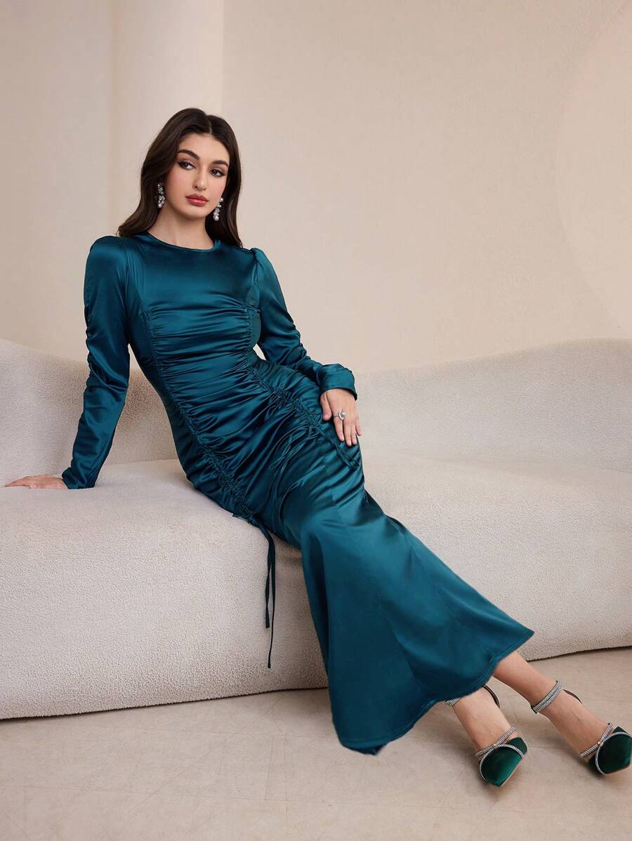 Graceveil Women's Elegant Modest Long Drawstring Waist Ruched Bodycon Dress - Dark Green - View 1