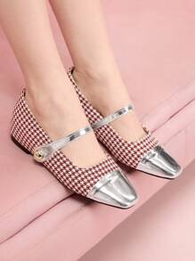 CUCCOO DOLLMOD Giày bệt mũi vuông họa tiết Houndstooth dành cho nữ ngày lễ tình nhân - Đỏ - Xem 4