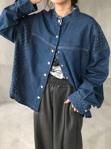 FRIFUL 女士宽松牛仔拼接衬衫，藏蓝色，春季牛仔外套，秋季女装长袖