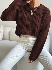 Chiquease 休闲纯色落肩宽松针织毛衣，秋冬，长袖上衣 - 棕色 - 查看 3