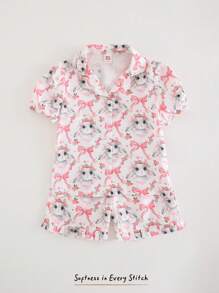 Cozy Pixies Conjunto de 2 piezas de parte superior con botones de manga corta y estampado de animales de dibujos animados, y pantalones cortos de cintura elástica para niñas - Rosa - Ver 7