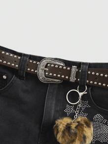 ROMWE J-Fashion Damen Y2K Harajuku Glamour Strass Totenkopf & Stern Muster Fransensaum Bodycon Rock (mit Gürtel)