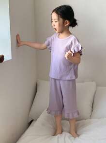 DAZY 年轻女孩简约时尚休闲日常上衣和裤子休闲套装，女孩夏季服装 - 紫色 - 查看 2