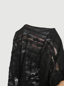 SHEIN MOD Black Lace Panel Tie-Up See-Through Plus Size Cropped Shirt, Bell Sleeve - Black - View 5