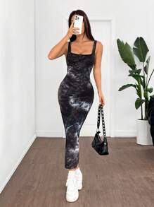 SHEIN EZwear 扎染设计背心裙，休闲时尚，适合日常穿着 - 黑與白 - 查看 5