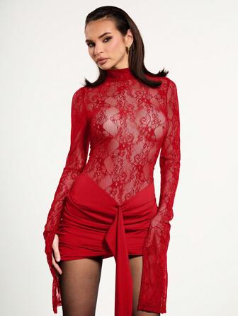 MUSERA Slinky Drape Front Mini Holiday Party Dress Spring Sexy, Summer Lace