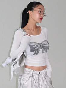 DAZY 街头风格圆领紧身短款蝴蝶结印花女式T恤长袖女式上衣