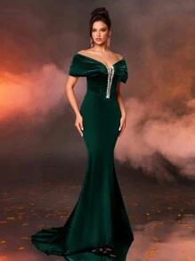 Glamrae Elegant Velvet Off Shoulder Bowknot Off The Neck Luxury Rhinestone Chain Decor Mermaid Tail Formal Gown, Wedding Guest Dress, Party Dress, Evening Dress