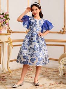 Vestido elegante de fiesta con diseño de parche de jacquard y volantes en el ruedo para niñas preadolescentes - Azul - Ver 7
