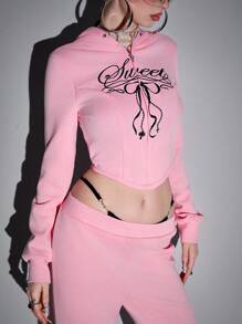 ROMWE Avant 2 件 Y2K 街头服饰刺绣蝴蝶结露背连帽衫套装（女款）