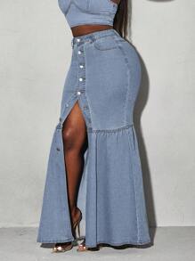 Slaydiva Váy denim dài vừa phải phong cách ngư dân đơn giản có túi nút cho nữ - Rửa nhẹ - Xem 5