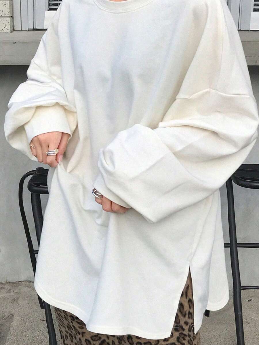 FRIFUL 女式超大纯白色圆领开衩下摆基本款白色长袖 T 恤，春季