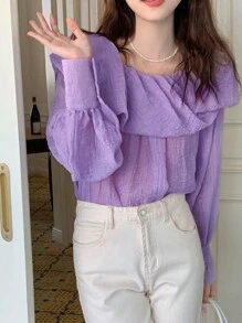 DAZY Women's Tender Purple Turndown Collar Off Shoulder Casual Pullover Blouse, Suitable For Spring, Summer, Autumn,Fall Women Clothes Long Sleeve Top - Lilac Purple - View 3