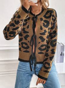 SHEIN Unity Women's Leopard Print Jacquard Tie Long Sleeve Cardigan - Brown - View 5