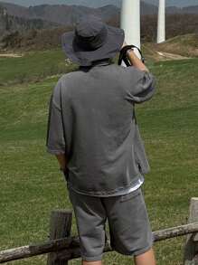 DAZY Summer Plain Gray Outdoor Short Sleeve Polo Shirt And Shorts Set For Men - Grey - View 2