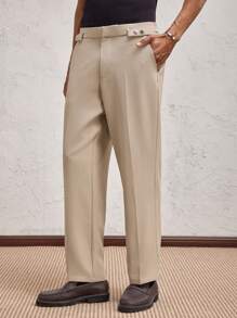 AKNOTIC Party Men's Khaki Metal Button Woven Casual Mid-Waist Elastic Tapered Suit Pants, Suitable For Daily Wear, Spring/Summer, Wedding, Graduation Gift - Khaki - View 2