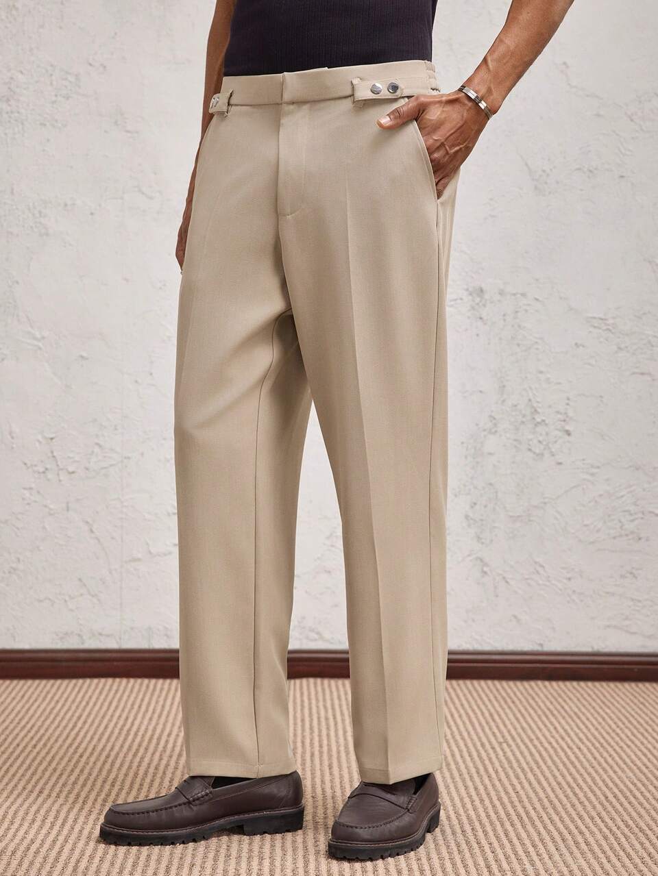 Men's Khaki Metal Button Woven Casual Mid-Waist Elastic Tapered Suit Pants, Suitable For Daily Wear, Spring/Summer, Wedding, Graduation Gift