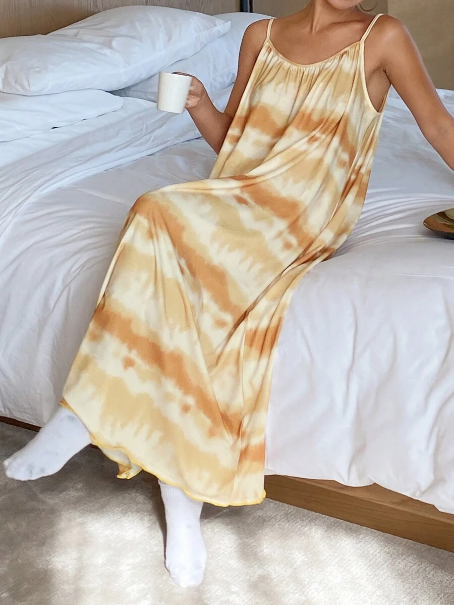 DAZY 扎染渐变印花宽松吊带裙睡衣 - 黃色 - 查看 1
