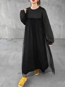 FRIFUL Women's Black Solid Color Waist Cinching Dress With Mesh Splice, Spring,Casual Women Dresses