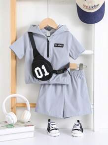 SHEIN Leap Crew 3pcs Set Baby Boy/Girl Casual Half-Zip Hooded Sweatshirt,Elastic Waist Shorts Outfit With Sling Bag,Grey,Summer,Beach,Versatile Outdoor Home Clothes - Grey - View 3