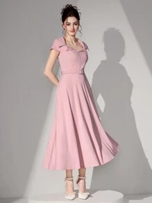 Poshira Váy chữ A xẻ eo ve dài thanh lịch dành cho nữ màu hồng - Hồng - Xem 4