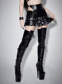 ROMWE Grunge Punk Váy xếp ly mini PU cạp siêu thấp thiết kế 2 trong 1 Punk Sexy - màu đen - Xem 5