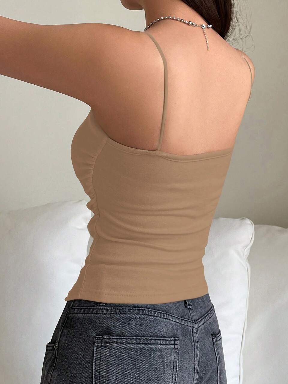 Khaki Solid Color Versatile Slim Fit Women Cami Top, Spring/Summer Tank Tops