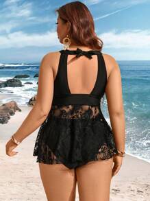 Swim Lushoire Plus Size Women Solid Color Lace Halter Two-Piece Modest Tankini, Backless Style Swimwear For Vacation For Summer Beach Vacation - Black - View 2