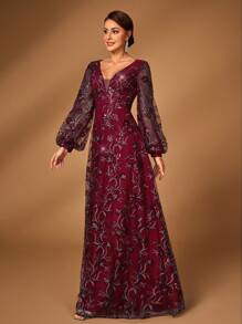 Serin Váy chữ A tay loe thêu lưới mỏng màu xanh navy lấp lánh sang trọng và thanh lịch, phù hợp làm váy dạ hội cho mẹ cô dâu, tiệc cưới, dịp trang trọng - Màu Đỏ Sâu - Xem 4